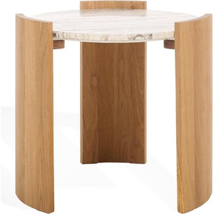image:imageSAFAVIEH Couture Collection  Damarcus Travertine amp Solid Wood Accent Table Round Top Classic Sculptural Design SFV9705ANaturalTravertine