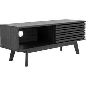 image:imageSAFAVIEH Aurelio TV Stand for up to 55 Flatscreen  Walnut Brown 1 Sliding Door with Interior Storage and Open Shelves Entertainment Media Console MED9600ADistressed Black