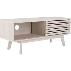 image:imageSAFAVIEH Aurelio TV Stand for up to 55 Flatscreen  Walnut Brown 1 Sliding Door with Interior Storage and Open Shelves Entertainment Media Console MED9600ABleached White