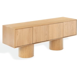 image:imageSAFAVIEH Couture Collection  Alberti Natural Brown Wood Sideboard Modern Storage Cabinet with Sculptural Cylinder Base Fully Assembled SFV4254BNatural
