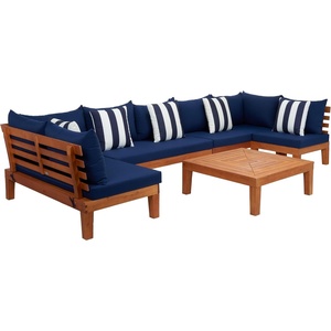 image:imageSAFAVIEH Outdoor  Granton 5Piece Sectional Set  Brown amp Beige  Solid Wood  Modular Sectional with Coffee Table  Ideal for Patio Deck Porch Backyard PAT7054ANaturalNavy  Solid Pillow