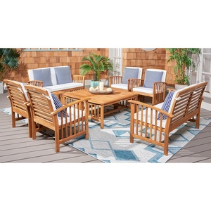 image:imageSAFAVIEH Outdoor  Rocklin 8 Piece Outdoor Living Set  Natural amp Beige Acacia Wood  Transitional Design with Removable Cushions  Ideal for Patio Deck Porch Backyard PAT9507BKIT2NaturalBeige Thin Stripe