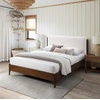 image:imageSAFAVIEH Couture Collection  Solacina Natural Wood Frame Bed Ivory Fabric Upholstered Headboard Queen Size No Box Spring Needed SFV1803AQIvoryWalnut