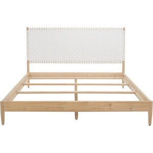 image:imageSAFAVIEH Couture Collection Cassity BrownNatural Solid Wood Queen Size Bed with Woven Leather HeadboardWhiteNatural