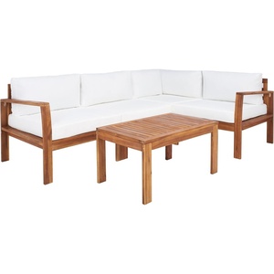 image:imageSAFAVIEH Outdoor  Endelia Conversation Set  Grey amp Beige  Solid Wood with Cushion  Modern Modular Bench with Coffee Table  Ideal for Patio Deck Porch Backyard PAT7309BNaturalBeige