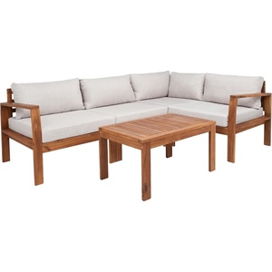 image:imageSAFAVIEH Outdoor  Endelia Conversation Set  Grey amp Beige  Solid Wood with Cushion  Modern Modular Bench with Coffee Table  Ideal for Patio Deck Porch Backyard PAT7309BNaturalLight Grey
