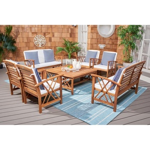 image:imageSAFAVIEH Outdoor  Fontana 8 Piece Outdoor Living Set  Natural amp Beige Acacia Wood  Transitional Design with Removable Cushions  Ideal for Patio Deck Porch Backyard PAT9508CKIT2NaturalBeige Thin Stripe