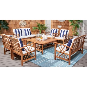 image:imageSAFAVIEH Outdoor  Fontana 8 Piece Outdoor Living Set  Natural amp Beige Acacia Wood  Transitional Design with Removable Cushions  Ideal for Patio Deck Porch Backyard PAT9508CKIT2NaturalBeige Thick Stripe