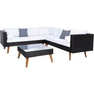 image:imageSAFAVIEH Outdoor Collection Analon Wicker Cushion Sectional Set PAT7716A3BX BlackWhiteBlack  White
