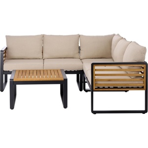 image:imageSAFAVIEH Outdoor Patio Furniture Collection  Baker Corner Set Black amp Taupe Steel Frame with Acacia Wood Accents Cushioned Modern Sectional Sofa with Table for Patio Deck or Backyard PAT7757ABlackTaupe