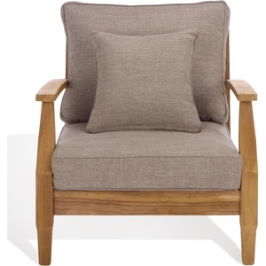 image:imageSAFAVIEH Couture Outdoor  Martinique Armchair  Black amp White  Solid Wood  Slatted Coastal Design  Ideal for Patio Deck Porch Backyard 183 Seat Height CPT1011ENatural TeakTaupe