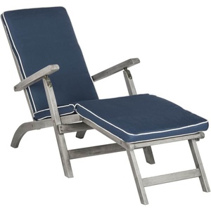 image:imageSAFAVIEH Outdoor  Palmdale Chaise Lounge Chair  Brown amp Beige  Solid Wood with Cushion  DeckChair Design  Ideal for Patio Poolside Backyard 219W x 563D x 36H PAT7015CGreyNavy