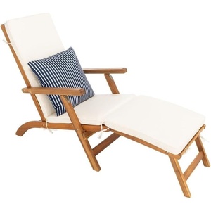 image:imageSAFAVIEH Outdoor  Palmdale Chaise Lounge Chair  Brown amp Beige  Solid Wood with Cushion  DeckChair Design  Ideal for Patio Poolside Backyard 219W x 563D x 36H PAT7015CNaturalBeige Thin Stripe