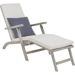 image:imageSAFAVIEH Outdoor  Palmdale Chaise Lounge Chair  Brown amp Beige  Solid Wood with Cushion  DeckChair Design  Ideal for Patio Poolside Backyard 219W x 563D x 36H PAT7015CGreyBeige Thin Stripe