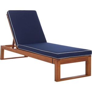 image:imageSAFAVIEH Outdoor Patio Furniture Collection  Sophie Natural Brown Solid Wood Chaise Lounge Chair Adjustable Reclining Baby Blue Stripe Cushion PAT7101UNaturalNavy