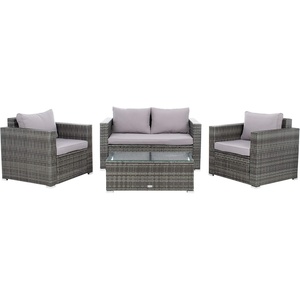 image:imageSAFAVIEH Outdoor  Machie 4Piece Conversation Set  Black amp Beige  Steel Frame with Cushion  Lounge Chairs Bench and Glass Top Table  Ideal for Patio Deck Porch Backyard PAT7508AGrey  Grey