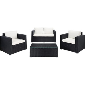 image:imageSAFAVIEH Outdoor  Machie 4Piece Conversation Set  Black amp Beige  Steel Frame with Cushion  Lounge Chairs Bench and Glass Top Table  Ideal for Patio Deck Porch Backyard PAT7508ABlack  Beige