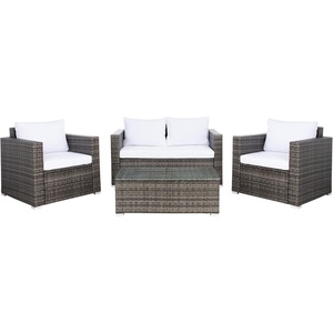 image:imageSAFAVIEH Outdoor  Machie 4Piece Conversation Set  Black amp Beige  Steel Frame with Cushion  Lounge Chairs Bench and Glass Top Table  Ideal for Patio Deck Porch Backyard PAT7508AGrey BrownWhite