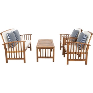 image:imageSAFAVIEH Outdoor Collection Rocklin Natural Black Cushion 4Piece Conversation Patio SetNaturalBeigeThinstripe