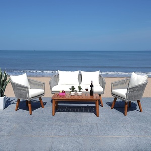 image:imageSAFAVIEH Outdoor Collection Velso BeigeBeigeNatural Solid Wood 4Piece Conversation Patio SetGrey  Beige