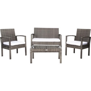 image:imageSAFAVIEH Outdoor  Bassey 4Piece Conversation Set  Natural amp White  Steel Frame with Cushion  Tropical Resort Woven Design with Glass Top Table  Ideal for Patio Deck Porch Backyard PAT7507DGrey BrownWhite