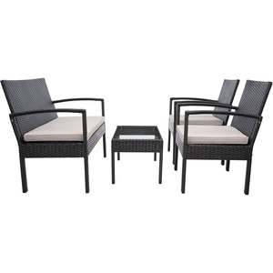 image:imageSAFAVIEH Outdoor  Bassey 4Piece Conversation Set  Natural amp White  Steel Frame with Cushion  Tropical Resort Woven Design with Glass Top Table  Ideal for Patio Deck Porch Backyard PAT7507DBlackLight Grey