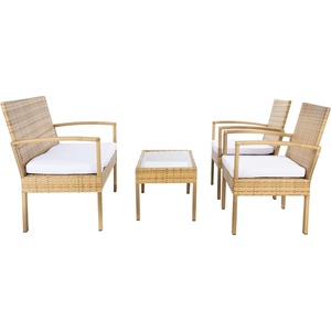 image:imageSAFAVIEH Outdoor  Bassey 4Piece Conversation Set  Natural amp White  Steel Frame with Cushion  Tropical Resort Woven Design with Glass Top Table  Ideal for Patio Deck Porch Backyard PAT7507DNaturalWhite