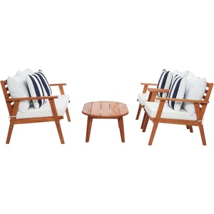 image:imageSAFAVIEH Outdoor  Deacon 4Piece Conversation Set  Black amp Beige  Solid Wood  Coastal Slatted Design with Cushions  Ideal for Patio Deck Porch Backyard PAT7050GNaturalBeige Thick Stripe