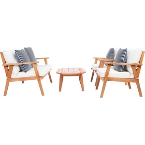 image:imageSAFAVIEH Outdoor  Deacon 4Piece Conversation Set  Black amp Beige  Solid Wood  Coastal Slatted Design with Cushions  Ideal for Patio Deck Porch Backyard PAT7050GBeigeNavy