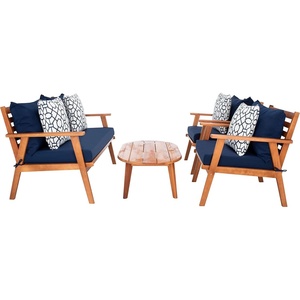 image:imageSAFAVIEH Outdoor  Deacon 4Piece Conversation Set  Black amp Beige  Solid Wood  Coastal Slatted Design with Cushions  Ideal for Patio Deck Porch Backyard PAT7050GNavyNatural
