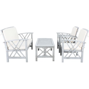 image:imageSAFAVIEH Outdoor  Fontana 4Piece Conversation Set  Brown amp Red  Solid Wood  DoubleX Motif with Cushions  Ideal for Patio Deck Porch Backyard PAT7008RGreyBeige