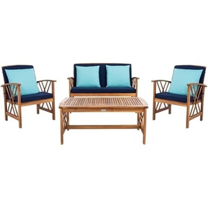 image:imageSAFAVIEH Outdoor  Fontana 4Piece Conversation Set  Brown amp Red  Solid Wood  DoubleX Motif with Cushions  Ideal for Patio Deck Porch Backyard PAT7008RNaturalNavy