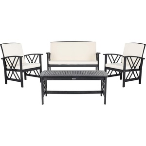 image:imageSAFAVIEH Outdoor  Fontana 4Piece Conversation Set  Brown amp Red  Solid Wood  DoubleX Motif with Cushions  Ideal for Patio Deck Porch Backyard PAT7008RBlackBeige