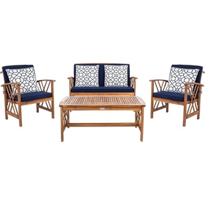 image:imageSAFAVIEH Outdoor  Fontana 4Piece Conversation Set  Brown amp Red  Solid Wood  DoubleX Motif with Cushions  Ideal for Patio Deck Porch Backyard PAT7008RNaturalNavy Geometric