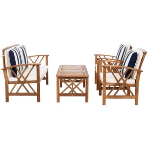 image:imageSAFAVIEH Outdoor  Fontana 4Piece Conversation Set  Brown amp Red  Solid Wood  DoubleX Motif with Cushions  Ideal for Patio Deck Porch Backyard PAT7008RNaturalBeige Thick Stripe