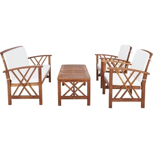 image:imageSAFAVIEH Outdoor  Fontana 4Piece Conversation Set  Brown amp Red  Solid Wood  DoubleX Motif with Cushions  Ideal for Patio Deck Porch Backyard PAT7008RNaturalBeige