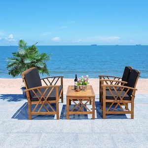 image:imageSAFAVIEH Outdoor  Fontana 4Piece Conversation Set  Brown amp Red  Solid Wood  DoubleX Motif with Cushions  Ideal for Patio Deck Porch Backyard PAT7008RNaturalBlack