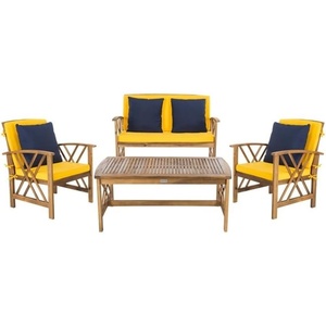 image:imageSAFAVIEH Outdoor  Fontana 4Piece Conversation Set  Brown amp Red  Solid Wood  DoubleX Motif with Cushions  Ideal for Patio Deck Porch Backyard PAT7008RNaturalYellow