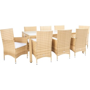 image:imageSAFAVIEH Outdoor  Hailee 9Piece Dining Set  Grey Brown amp White Faux Wicker amp Steel Frame  Eight Chairs and GlassTop Table  Ideal for Patio Deck Porch Backyard PAT7704CNaturalWhite