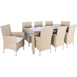 image:imageSAFAVIEH Outdoor  Hailee 9Piece Dining Set  Grey Brown amp White Faux Wicker amp Steel Frame  Eight Chairs and GlassTop Table  Ideal for Patio Deck Porch Backyard PAT7704CBeige  White