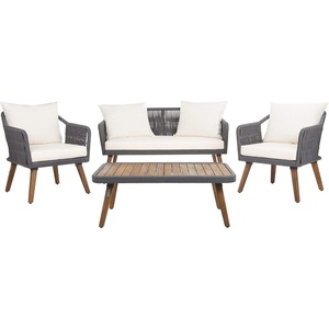 image:imageSAFAVIEH Outdoor  Raldin Navy Rope 4Piece Patio Set Eucalyptus Wood Conversation Set with Beige Cushions Outdoor Sofa Chairs amp Coffee Table PAT7049EDark Grey  Beige