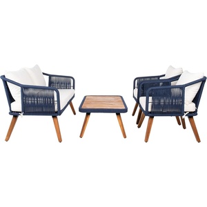 image:imageSAFAVIEH Outdoor  Raldin Navy Rope 4Piece Patio Set Eucalyptus Wood Conversation Set with Beige Cushions Outdoor Sofa Chairs amp Coffee Table PAT7049ENavy  Beige