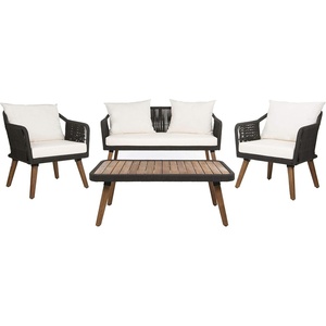 image:imageSAFAVIEH Outdoor  Raldin Navy Rope 4Piece Patio Set Eucalyptus Wood Conversation Set with Beige Cushions Outdoor Sofa Chairs amp Coffee Table PAT7049EBlack  Beige