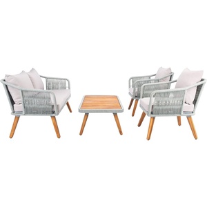 image:imageSAFAVIEH Outdoor  Raldin Navy Rope 4Piece Patio Set Eucalyptus Wood Conversation Set with Beige Cushions Outdoor Sofa Chairs amp Coffee Table PAT7049ELight Grey  Grey