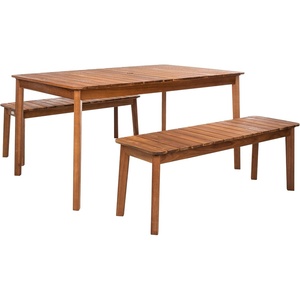 image:imageSAFAVIEH Outdoor Collection Europa Grey Acacia Wood 3Piece Bench Dining Set with Umbrella HoleNatural