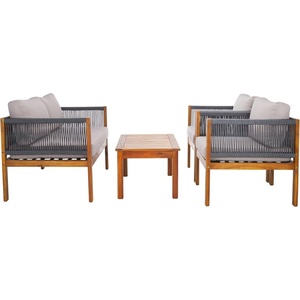 image:imageSAFAVIEH Outdoor Collection Wilson Brown Acacia WoodLight Grey Cushion amp Grey Rope 4Piece Conversation Patio SetGreyLight Grey