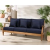 image:imageSAFAVIEH Couture Outdoor  Martinique 3Seat Sofa  Natural amp Dark Brown  Solid Wood  Slatted Coastal Design  Ideal for Patio Deck Porch Backyard 183 Seat Height CPT1013GNatural TeakNavy