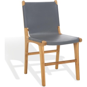 image:imageSAFAVIEH Couture Collection  Cassaphina Black Leather Dining Chair Set of 2 Top Grain Upholstered Accent Chairs with Solid Teak Wood Frame Fully Assembled SFV1610ASET2GreyNatural