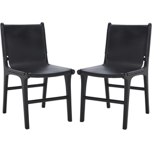 image:imageSAFAVIEH Couture Collection  Cassaphina Black Leather Dining Chair Set of 2 Top Grain Upholstered Accent Chairs with Solid Teak Wood Frame Fully Assembled SFV1610ASET2BlackBlack