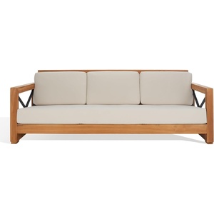 image:imageSAFAVIEH Couture Outdoor  Andros Sofa  Brown amp Beige  Brazilian Teak Wood  Slatted Design with Removable Cushions  Ideal for Patio Deck Porch Backyard 16 Seat Height CPT1010A